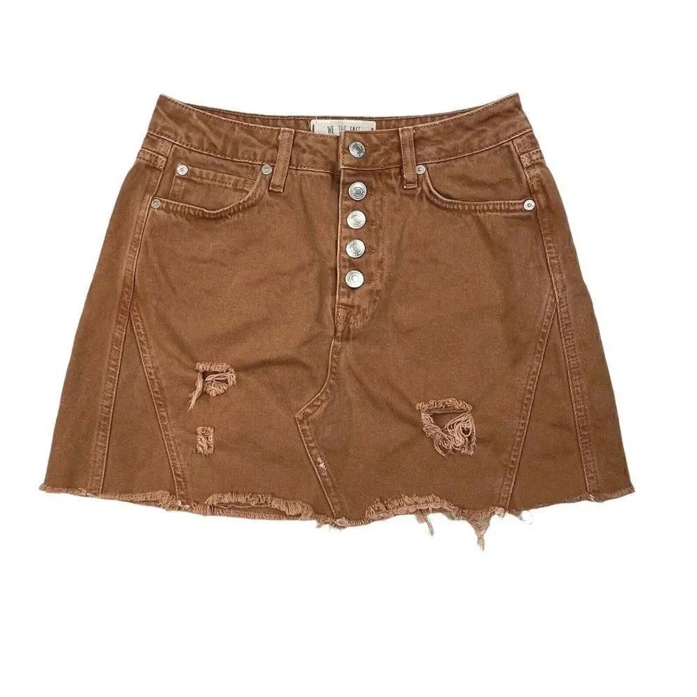 We The Free People Button Fly Distress Mini Skirt Brown Rust - Picture 2 of 10